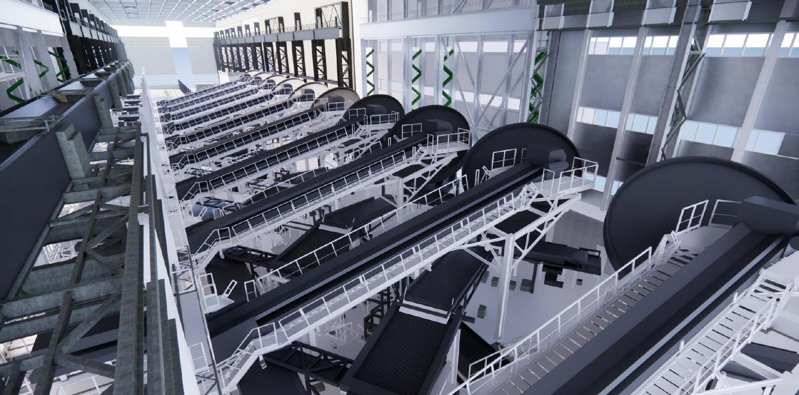 BIM-модель фабрики окатишів з конвеєрами всередині корпусу