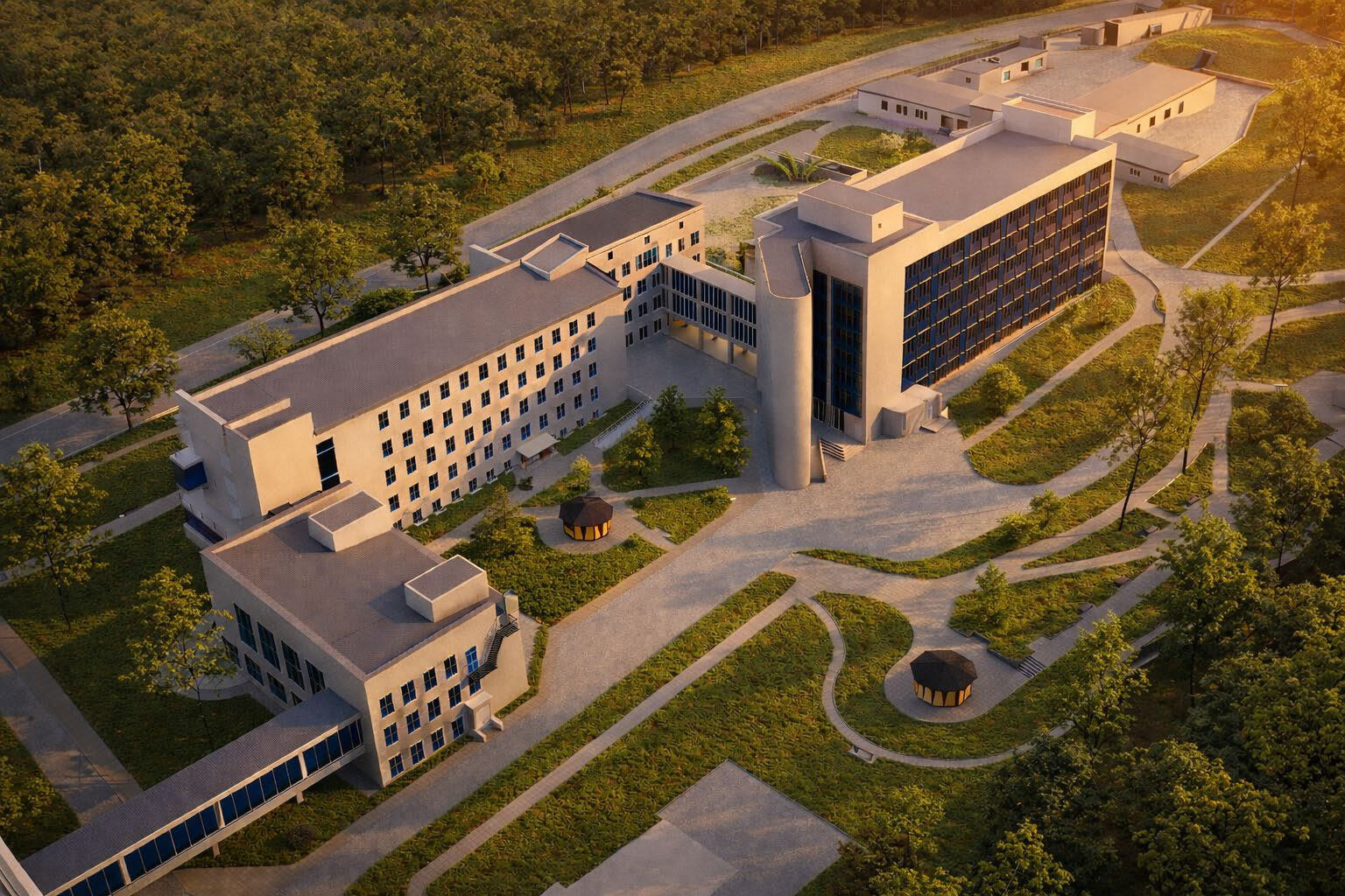 3D-візуалізація навчального комплексу з прилеглою територією, вид з висоти